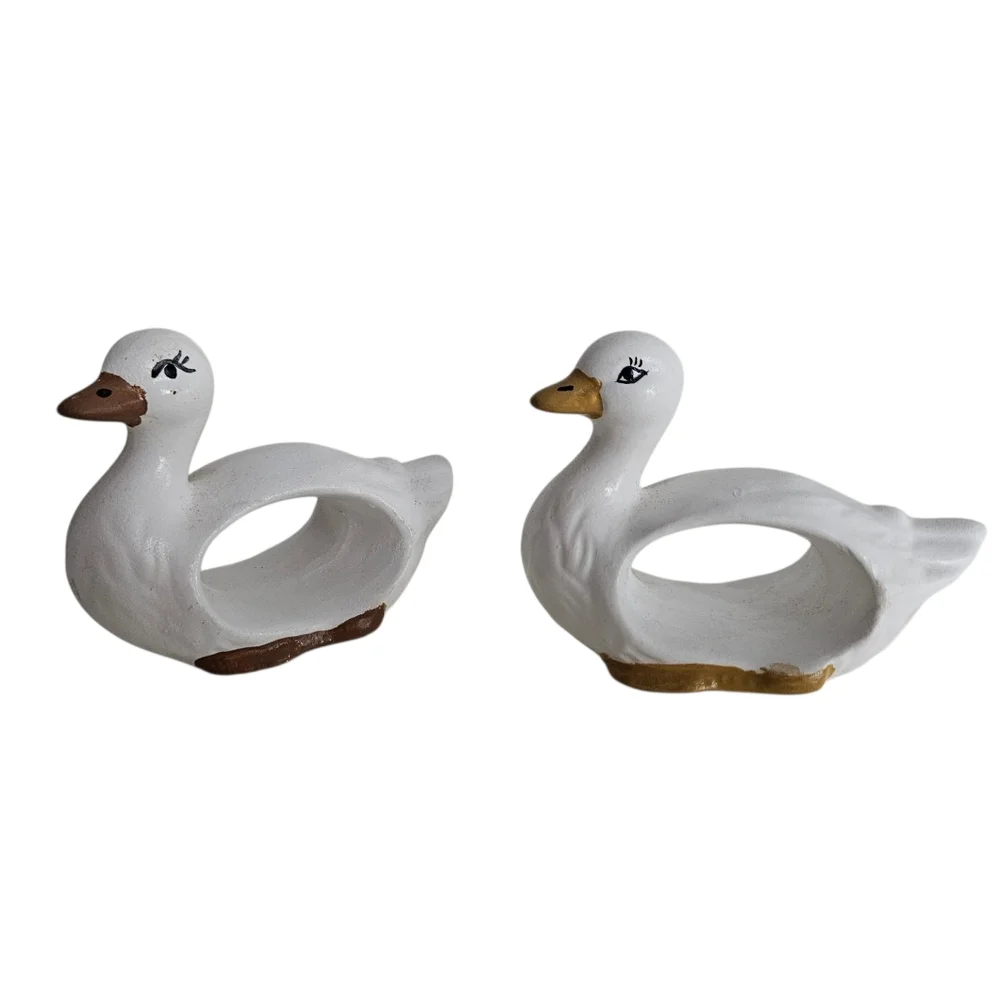 White Hand Painted Ceramic Duck Napkin Rings X 2